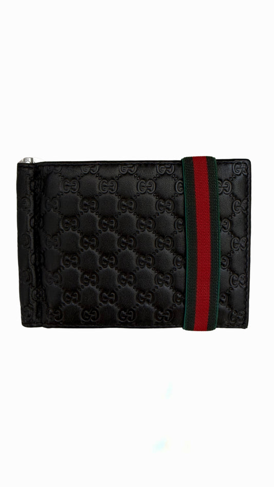 Gucci Black Guccissima Leather Web Money Clip Bi-fold Wallet