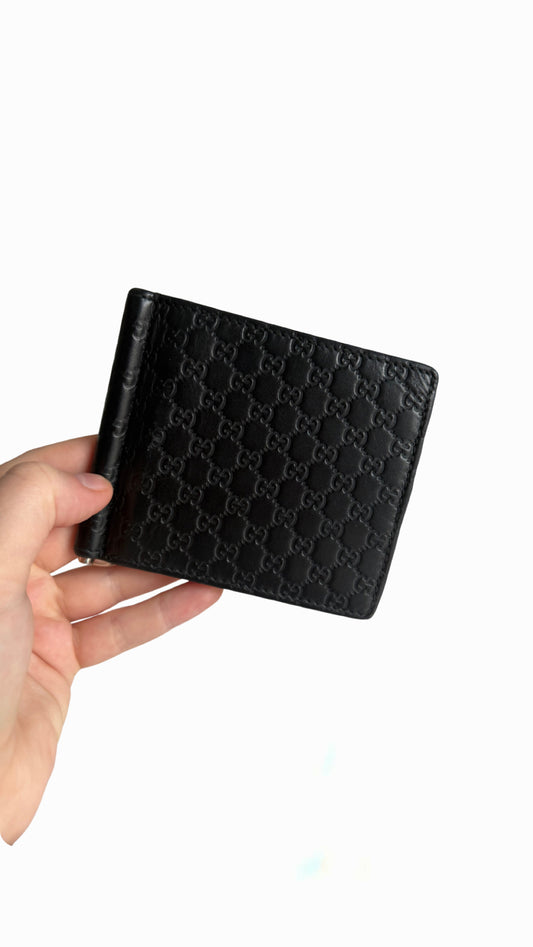 Gucci Black Guccissima Leather Web Money Clip Bi-fold Wallet